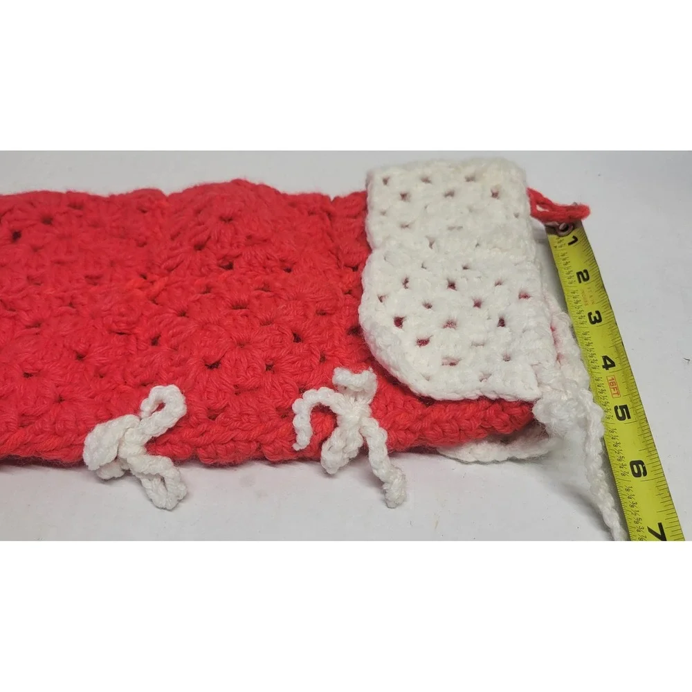 Vintage Handmade Crochet Christmas Stocking Red White Bows Holiday Decor‎ 14.5in